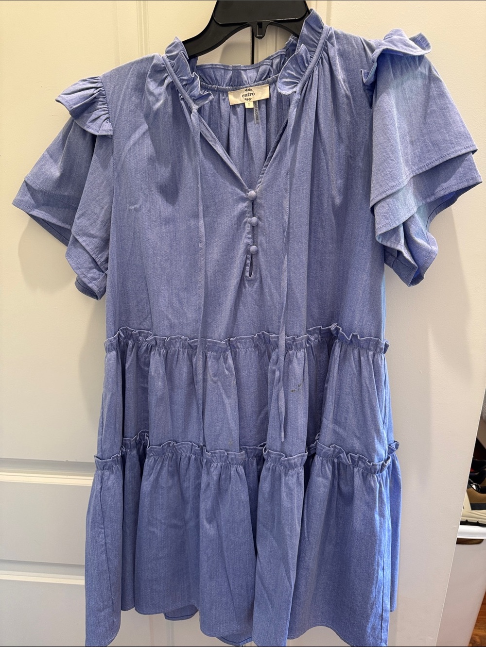 entro Chambray Blue V-Neck Tiered Dress
